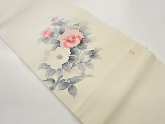 作家物　塩瀬金彩手描き椿模様名古屋帯